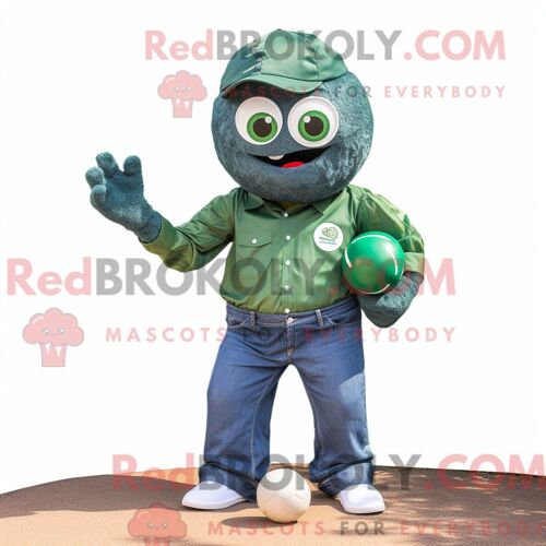 Costume Mascotte Redbrokoly De Boule De Pétanque Vert Forêt Personnage Habillé Avec Un Short En Jean Et Des Gants