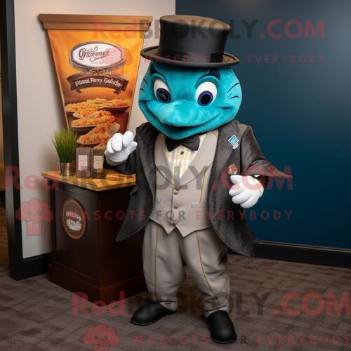 Personnage De Costume De Mascotte Redbrokoly De Fish And Chips Bleu Sarcelle Habillé Avec Des Épingles De Smoking Et De Chapeau