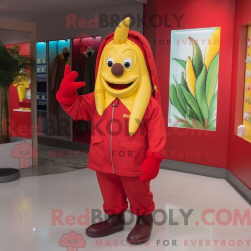 Personnage De Costume De Mascotte Redbrokoly De Bae Rouge Habillé D Un Coupe-Vent Et De Ceintures De Smoking