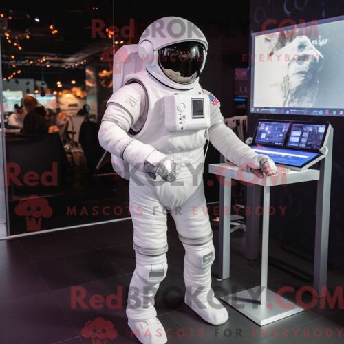 Mascotte Redbrokoly D Astronaute Blanc Costume De Personnage Habillé Avec Une Blouse Et Des Bretelles