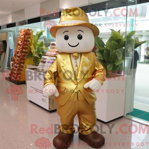 Personnage De Costume De Mascotte Redbrokoly De Chocolats Dorés Habillé Avec Un Bermuda Et Des Chapeaux