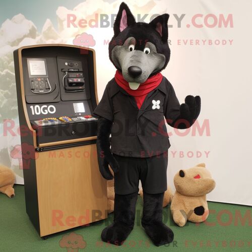 Costume Mascotte Redbrokoly De Dingo Noir Personnage Habillé Avec Un Pantalon Et Des Portefeuilles En Velours Côtelé