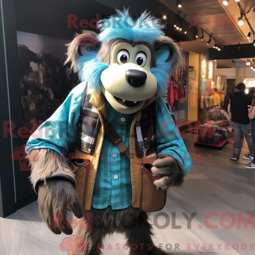 Costume De Mascotte Redbrokoly De Babouin Turquoise Habillé D Une Chemise En Flanelle Et De Sacs À Dos