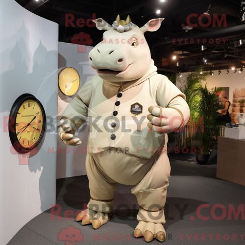 Mascotte Redbrokoly De Rhinocéros Beige Costume De Personnage Habillé D Une Combishort Et De Montres Bracelet