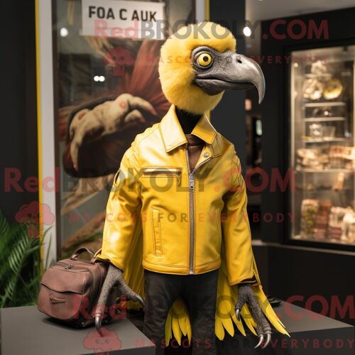 Costume De Mascotte Redbrokoly De Vautour Jaune Habillé D Une Veste En Cuir Et De Sacs Messager