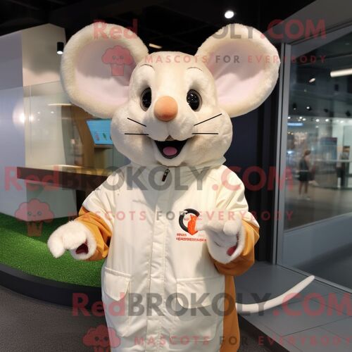 Costume Mascotte Redbrokoly De Souris Crème Personnage Habillé Avec Un Coupe-Vent Et Des Écharpes