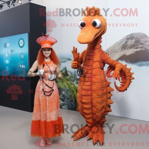 Personnage De Costume De Mascotte Redbrokoly D Hippocampe De Rouille Habillé D Une Jupe Crayon Et De Montres-Bracelets
