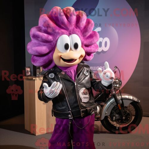 Personnage De Costume De Mascotte Redbrokoly Magenta Clam Chowder Habillé Avec Une Veste De Motard Et Des Épingles À Cheveux