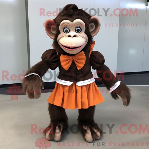 Costume De Mascotte Redbrokoly De Chimpanzé Rouille Personnage Habillé D Une Jupe Plissée Et De Noeuds Papillons