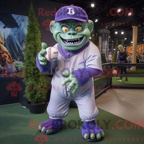 Personnage De Costume De Mascotte Redbrokoly De Monstre De Frankenstein De Lavande Habillé Avec Un T-Shirt De Baseball Et Des Bracelets De