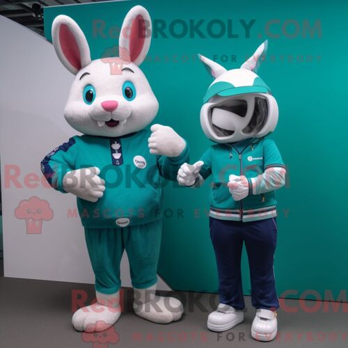 Costume De Mascotte Redbrokoly De Lapin Bleu Sarcelle Habillé D Un Polo Et De Montres Intelligentes