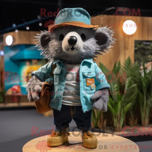 Costume De Mascotte Redbrokoly De Hérisson Bleu Sarcelle Habillé Avec Un Short En Jean Et Des Chapeaux