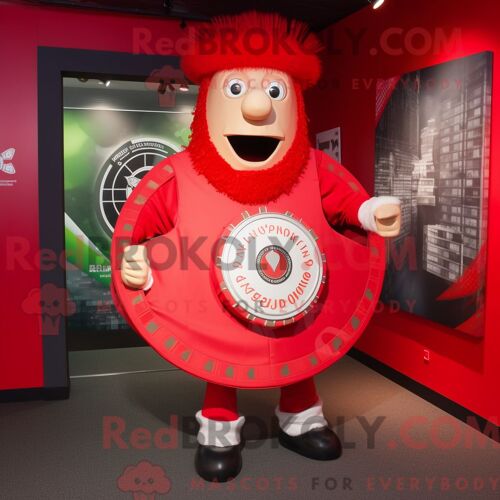 Personnage De Costume De Mascotte Redbrokoly De Bouclier Celtique Rouge Habillé D Un Pantalon Et D Épinglettes