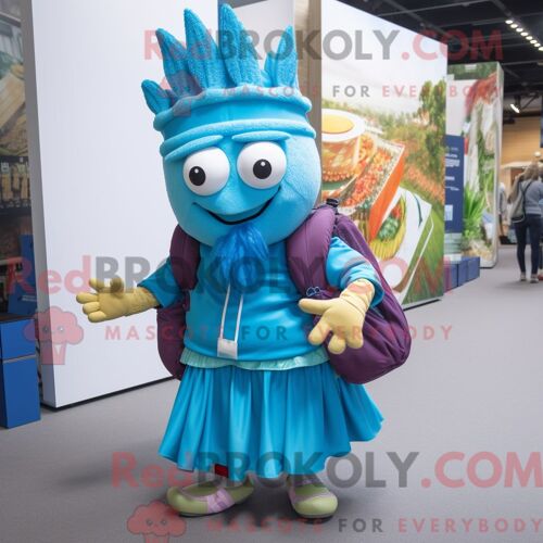 Costume Mascotte Redbrokoly De Moussaka Turquoise Habillé Avec Une Jupe Plissée Et Des Sacs À Dos