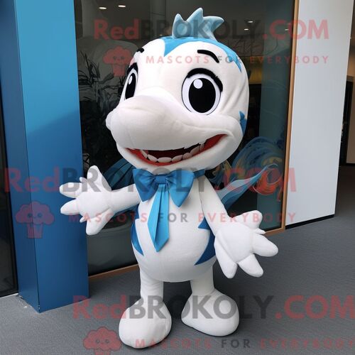 Costume Mascotte Redbrokoly De Barracuda Blanc Personnage Habillé D Une Combishort Et De Noeuds Papillons
