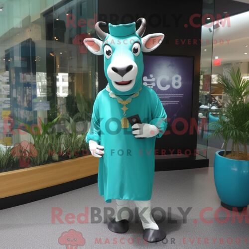 Costume De Mascotte Redbrokoly De Zébu Bleu Sarcelle Habillé D Une Robe Fourreau Et De Montres Numériques