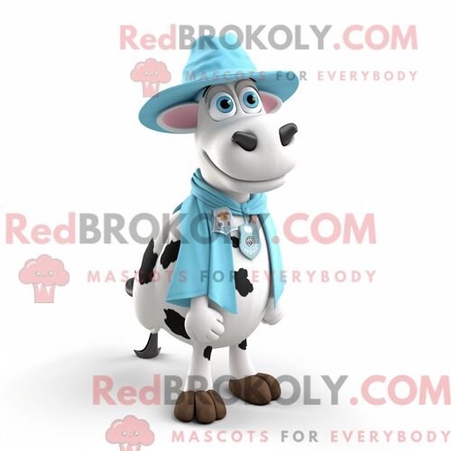 Costume De Mascotte Redbrokoly De Vache Holstein Bleu Ciel Personnage Habillé Avec Un Gilet Et Des Chapeaux