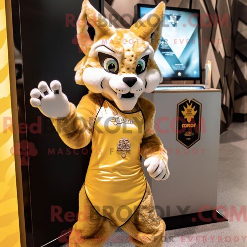 Costume Mascotte Redbrokoly De Lynx Doré Personnage Habillé Avec Une Robe Midi Et Des Gants