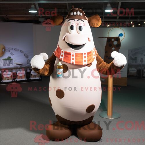 Personnage Mascotte Redbrokoly De Bouteille De Lait Marron Habillé Avec Un Gilet Et Des Bracelets