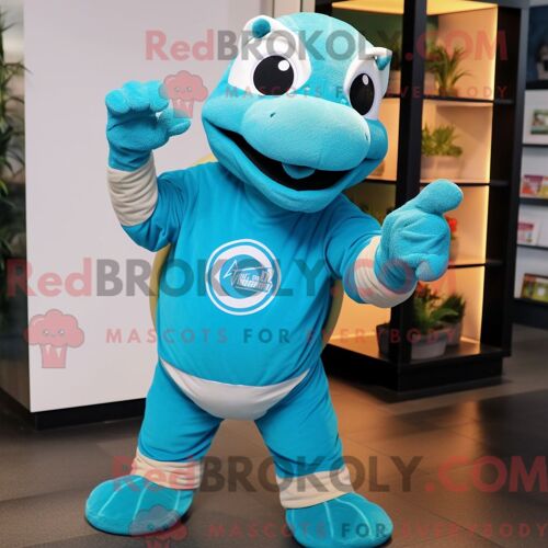 Costume Mascotte Redbrokoly De Tortue Turquoise Personnage Habillé D Un Sweat Et De Boutons De Manchette