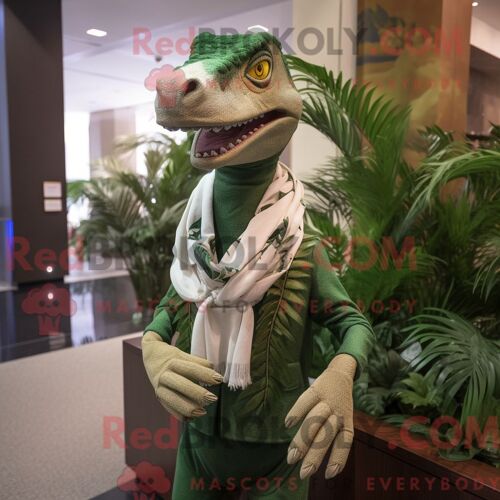 Personnage Mascotte Redbrokoly D Un Velociraptor Olive Habillé D Une Blouse Et D Écharpes