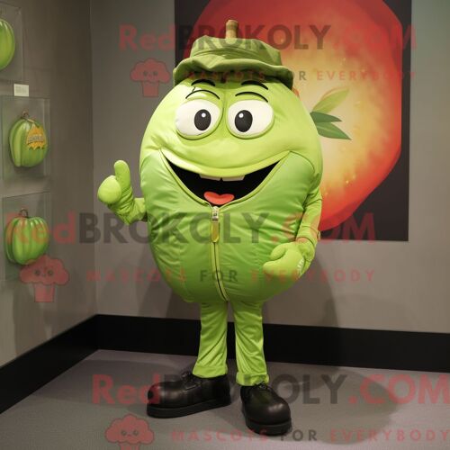 Personnage De Costume De Mascotte Redbrokoly De Tomate Vert Citron Habillé D Une Veste De Moto Et D Épingles À Cravate