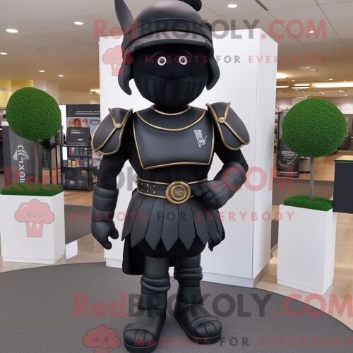 Costume De Mascotte Redbrokoly De Soldat Spartiate Noir Personnage Habillé Avec Une Jupe Plissée Et Des Épingles À Cravate