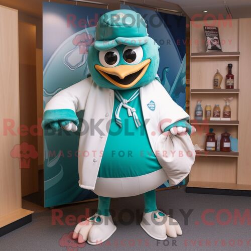 Costume De Mascotte Redbrokoly De Docteur Turquoise Personnage Habillé D Une Chemise De Rugby Et D Épingles À Châle