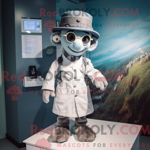 Costume De Mascotte Redbrokoly De Docteur Gris Personnage Habillé D Une Combishort Et D Épingles À Chapeau