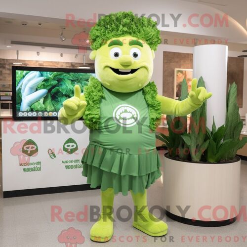 Personnage Mascotte Redbrokoly D Une Salade César Verte Habillée D Une Barboteuse Et D Anneaux