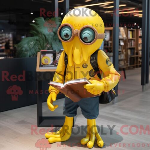 Personnage Mascotte Redbrokoly D Une Pieuvre Jaune Citron Habillée D Un Blouson Aviateur Et De Lunettes De Lecture