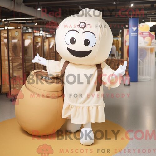 Personnage Mascotte Redbrokoly D Un Boulet De Canon Humain Crème Habillé D Une Blouse Et De Cabas