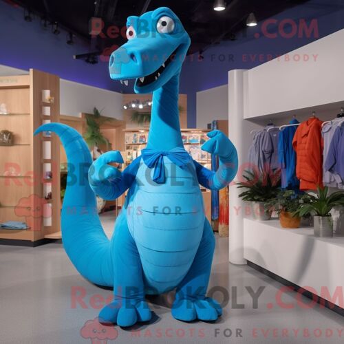 Personnage Mascotte Redbrokoly D Un Brachiosaure Bleu Habillé D Une Blouse Et De Pinces À Chaussures