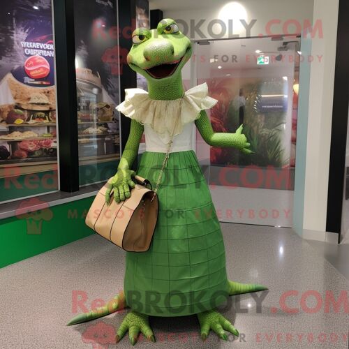 Costume De Mascotte Redbrokoly De Crocodile Habillé Avec Une Jupe Longue Et Des Pochettes