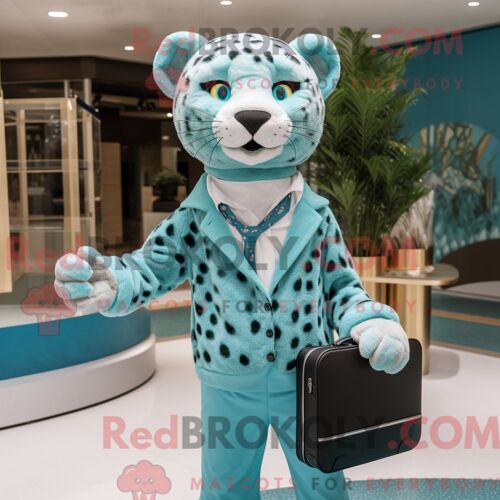 Costume De Mascotte Redbrokoly De Léopard Bleu Sarcelle Habillé D Une Chemise En Popeline Et De Porte-Documents