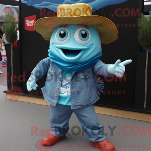 Costume De Mascotte Redbrokoly De Fish And Chips Turquoise Habillé D Un Jean Évasé Et D Épingles À Chapeau