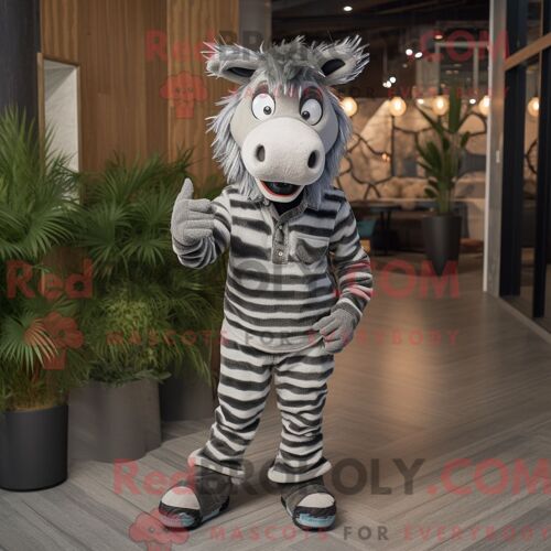 Personnage Mascotte Redbrokoly D Un Zèbre Gris Habillé D Un Jean Et D Une Cravate