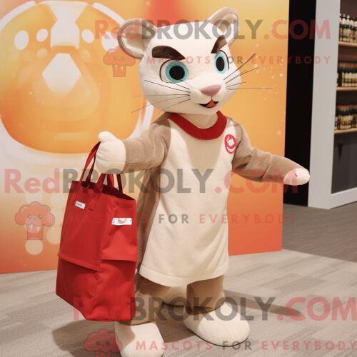 Personnage Mascotte Redbrokoly D Une Martre Beige Habillée D Une Robe Droite Et De Cabas