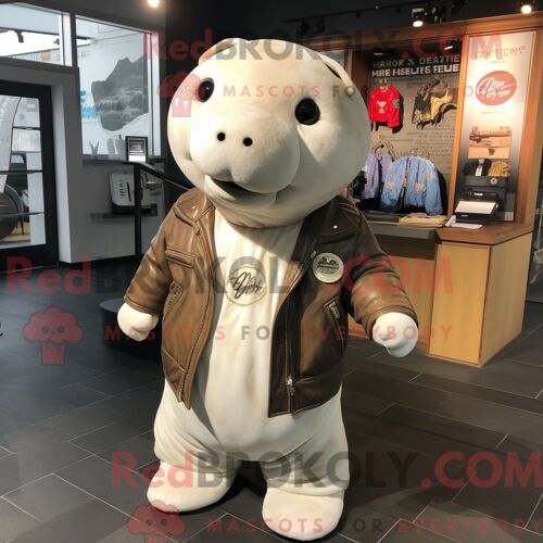 Personnage Mascotte Redbrokoly D Une Vache De Mer Cream Stellar Habillée D Une Veste En Cuir Et De Porte-Monnaie