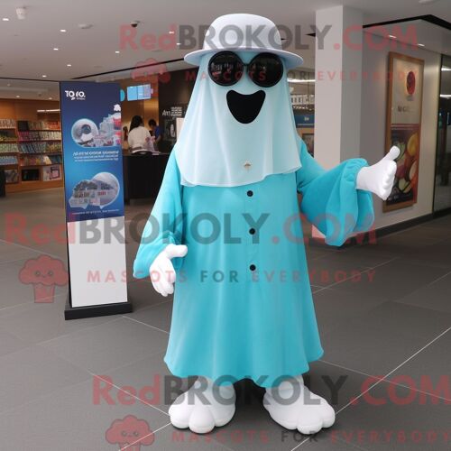 Personnage Mascotte Redbrokoly D Un Fantôme Cyan Habillé D Une Jupe-Culotte Et De Lunettes De Soleil