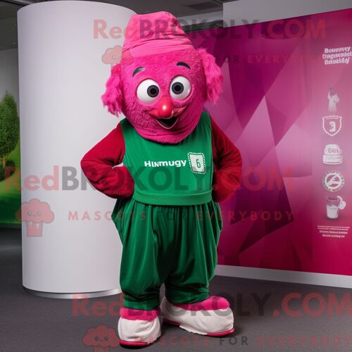Personnage Mascotte Redbrokoly D Un Drapeau Irlandais Magenta Habillé D Une Salopette Et De Ceintures De Smoking
