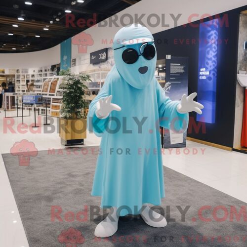 Personnage Mascotte Redbrokoly D Un Fantôme Cyan Habillé D Une Jupe-Culotte Et De Lunettes De Soleil