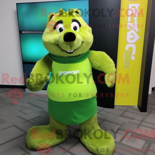 Personnage Mascotte Redbrokoly D Une Marmotte Vert Anis Habillée D Une Jupe Portefeuille Et De Pinces À Chaussures