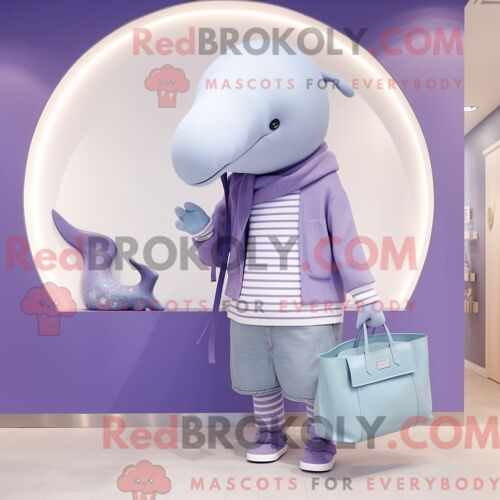 Personnage De Costume De Mascotte Redbrokoly De Baleine Bleue Lavande Habillé Avec Un Pull Et Des Sacs À Main
