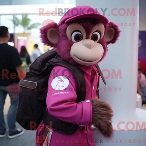 Mascotte Redbrokoly De Singe Capucin Magenta Personnage Habillé Avec Un Costume Et Des Sacs À Dos