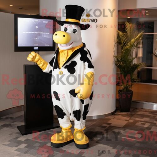 Personnage Mascotte Redbrokoly D Une Vache Holstein Jaune Habillée D Un Smoking Et D Épingles À Chapeau
