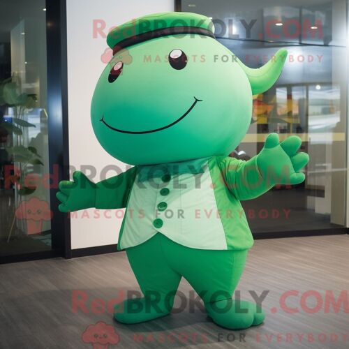 Personnage Mascotte Redbrokoly D Une Baleine Verte Habillée D Un Pantalon Et De Bretelles