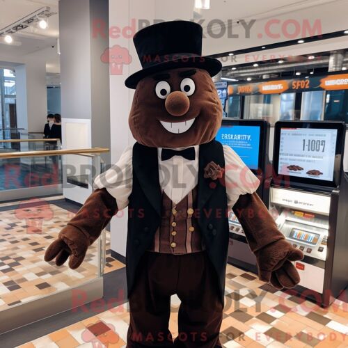 Personnage Mascotte Redbrokoly D Une Barre De Chocolat Noir Habillé D Un Gilet Et De Boutons De Manchette