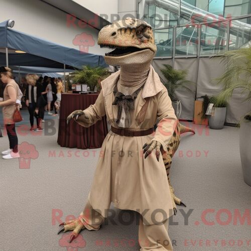 Personnage Mascotte Redbrokoly D Un Allosaure Beige Habillé D Une Robe Longue Et D Épingles À Cravate