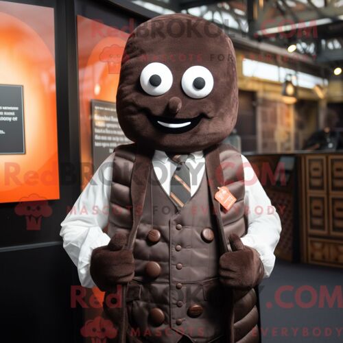 Personnage Mascotte Redbrokoly D Une Barre De Chocolat Noir Habillé D Un Gilet Et De Boutons De Manchette